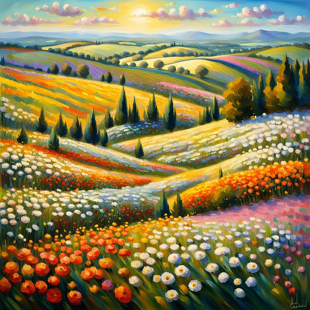 a wide landscape with rolling hills full of colourful flowers in full bloom