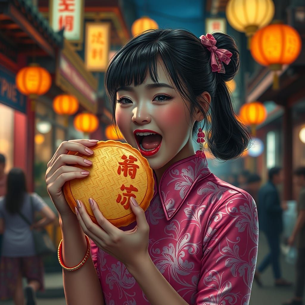 Girl in Cheongsam Eating Mooncake, Chinatown Painting
