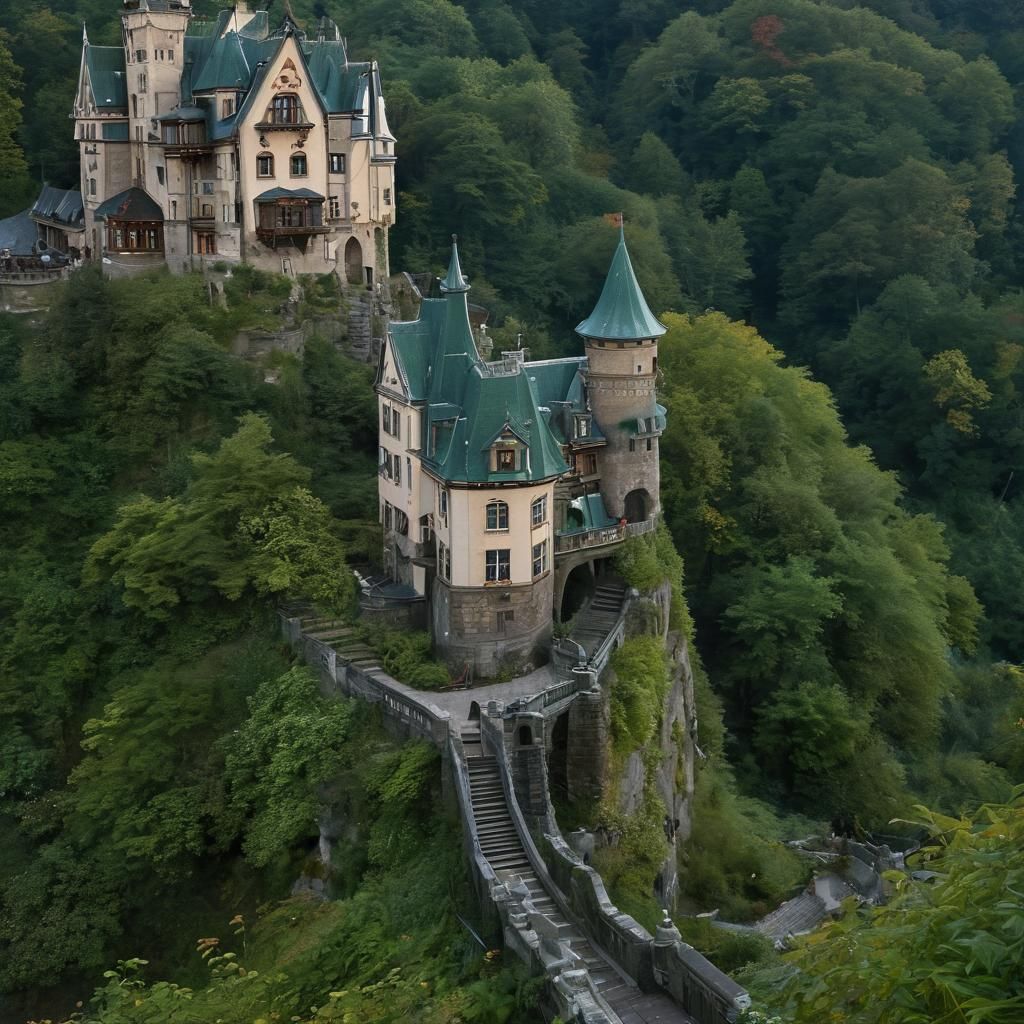 Art Nouveau Castle on Lush Hillside at Twilight