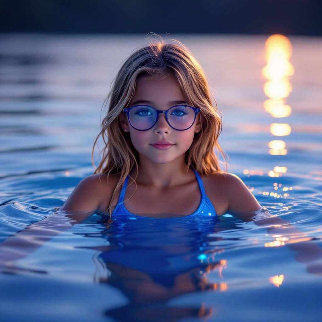 Girl Floats on Glowing Lake at Night