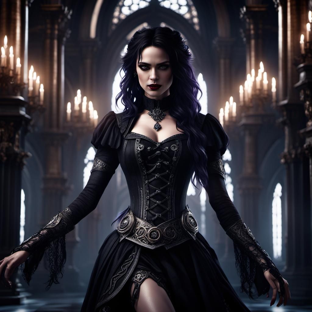 Gothic Girl Dancing in Temple in Cinematic Lighting