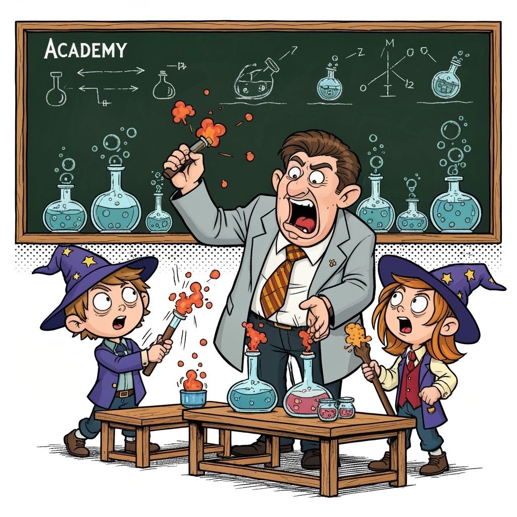 Retro Cartoon Wizarding Classroom with Bubbling Potions
