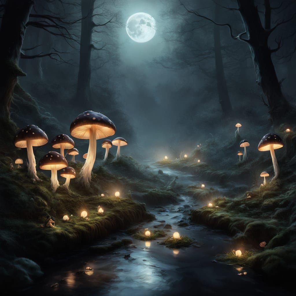 Dark Fairy in Enchanted Forest with Glowing Mushrooms and Li...