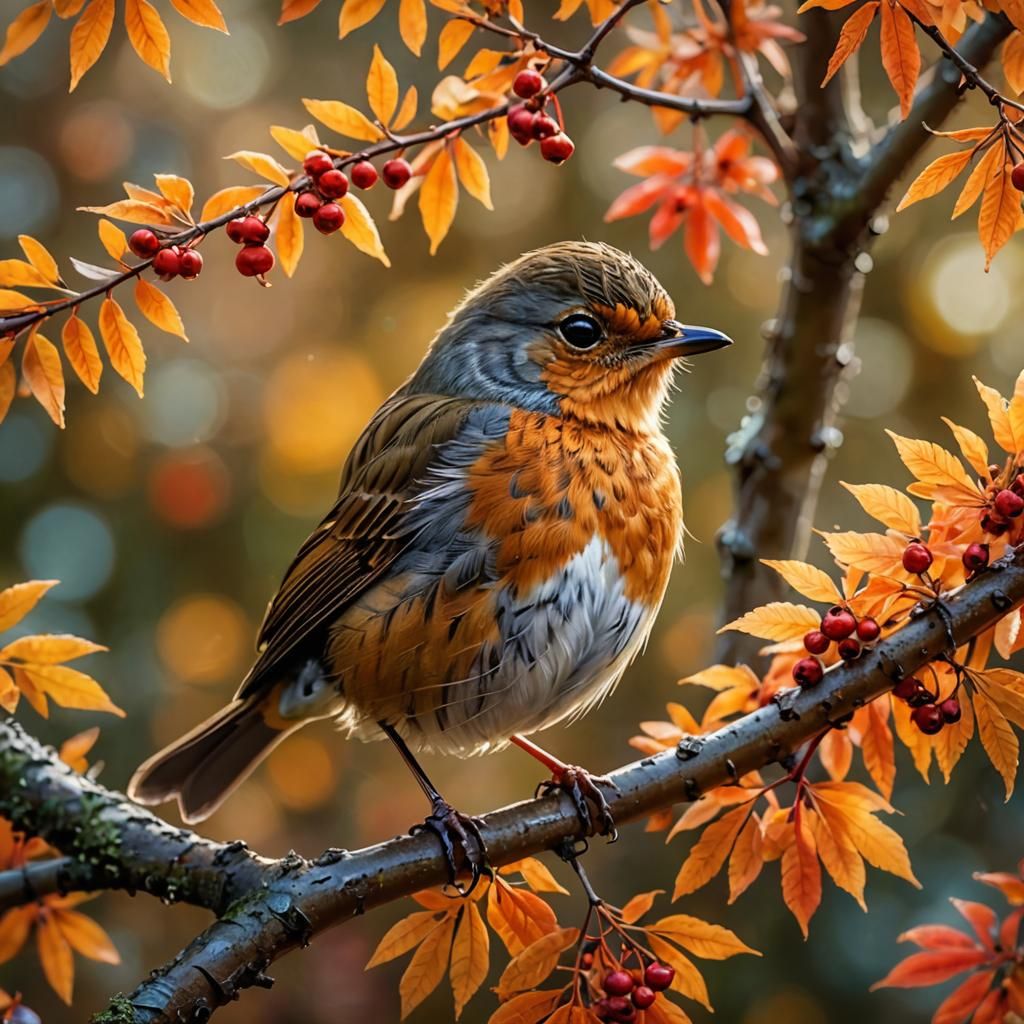 Fluffy Robin in Autumnal Glow: 3D Render