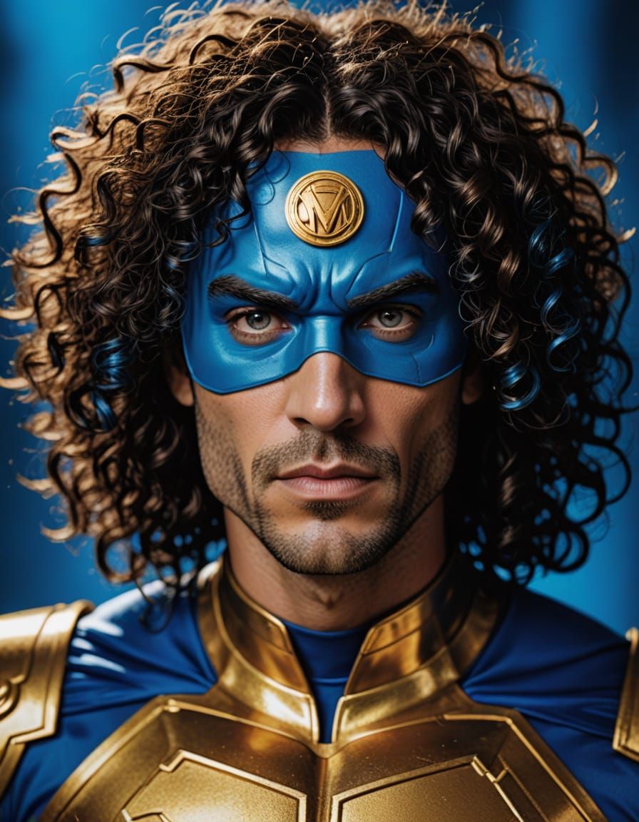 Vibrant Blue Superhero Portrait in Glamorous Studio Lighting