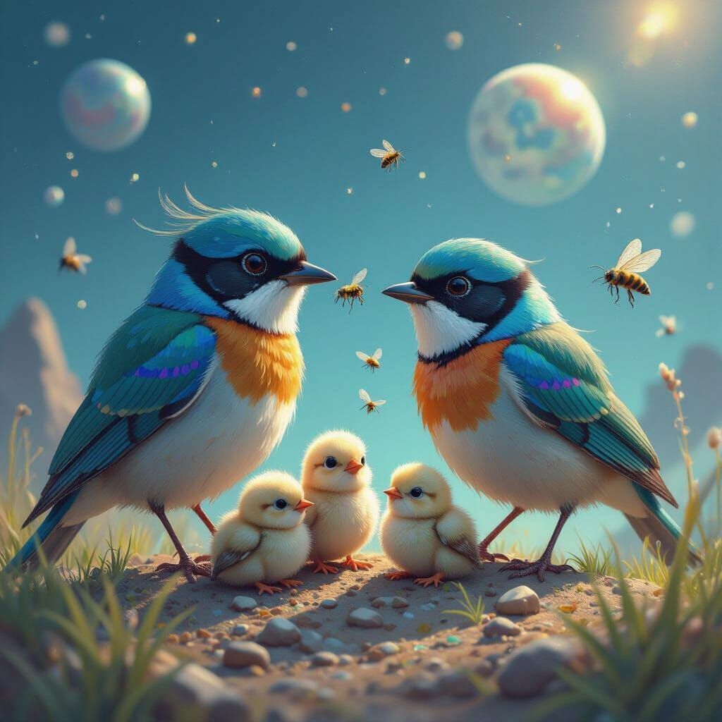 Cosmic Birds Feed Chicks: A Whimsical Scene