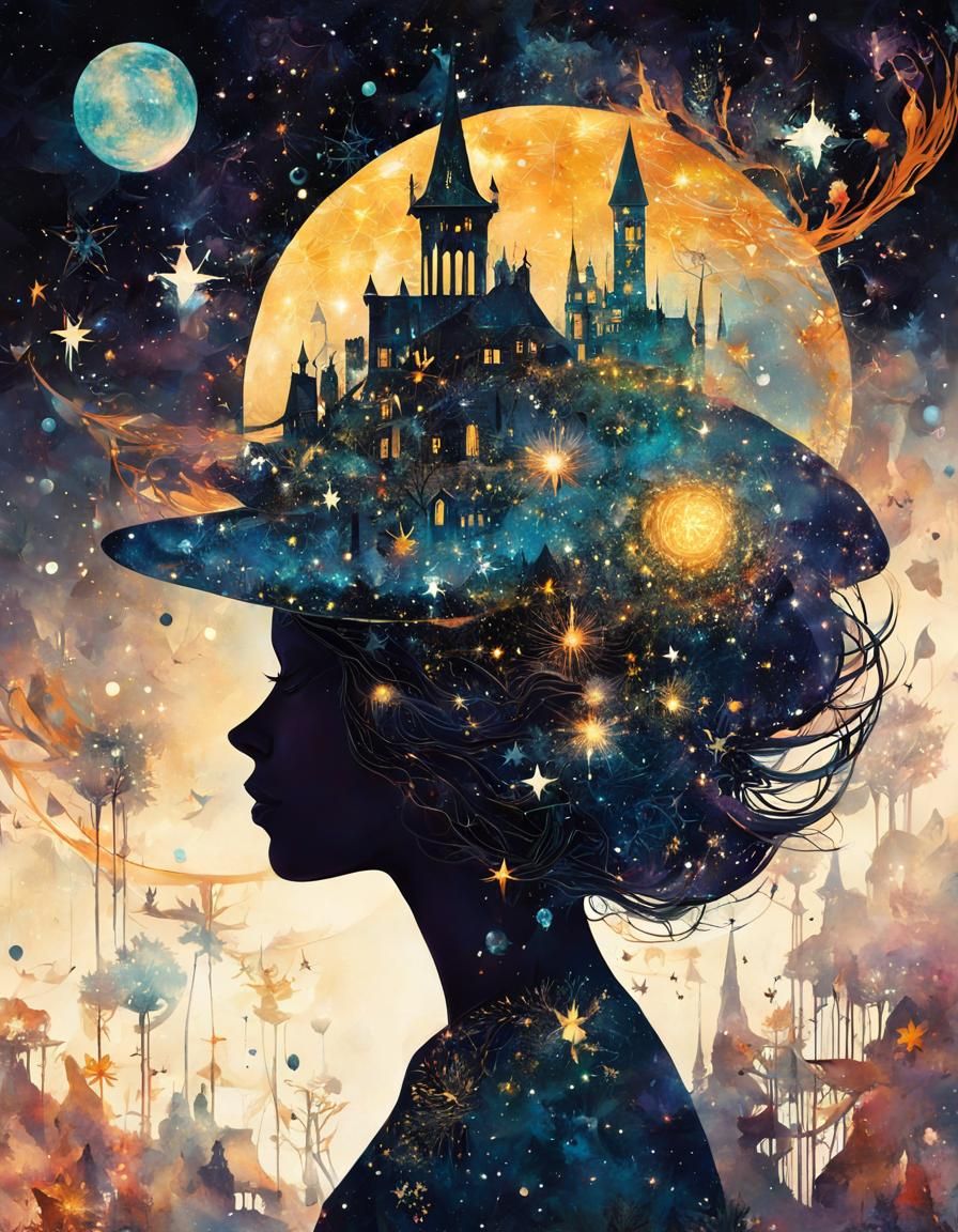 Cosmic Witch Starry Night Collage Art