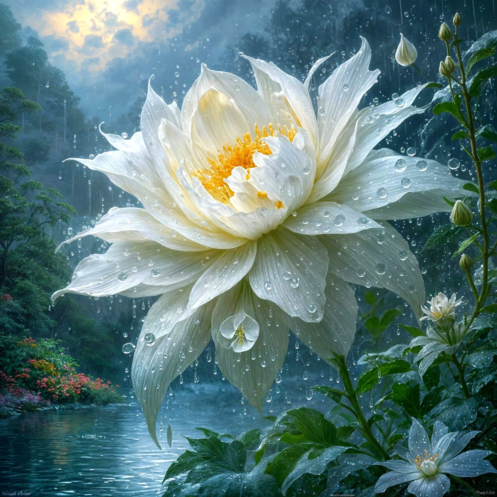 Photorealistic Moon Flower with Glistening Water Droplets