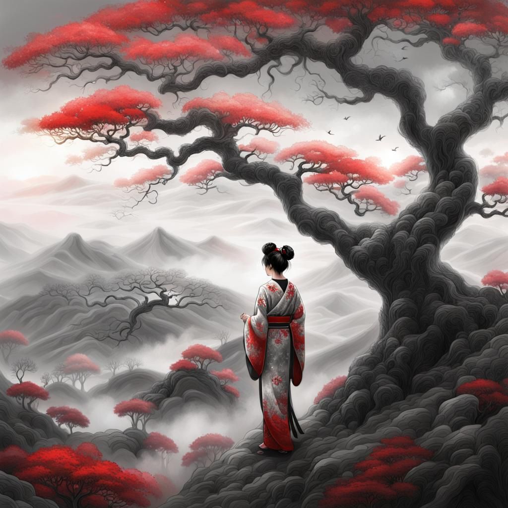 Japanese Girl in Kimono by Tree: Digital Art