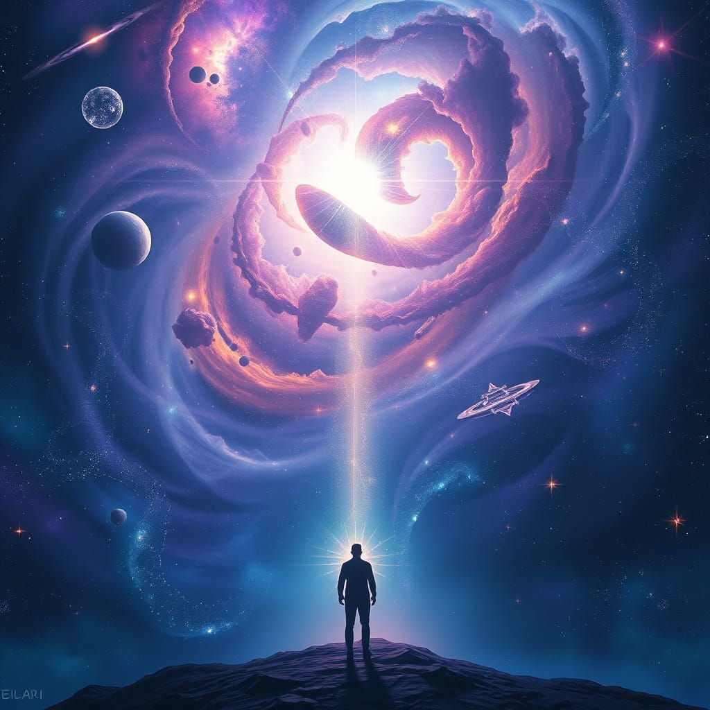Cosmic Figure in Swirling Galaxies: Surreal Digital Art
