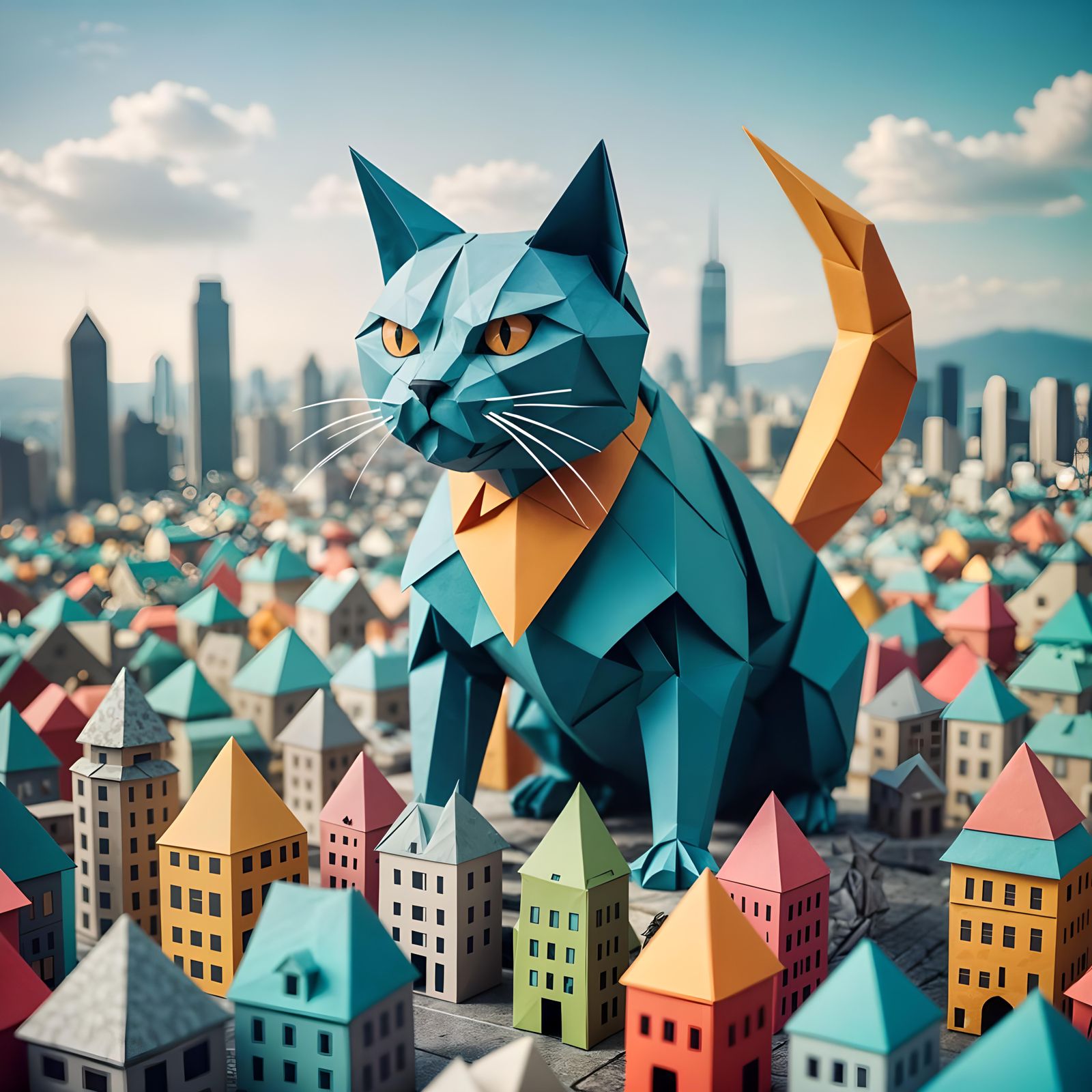 Monstrous Origami Cat Attacks City