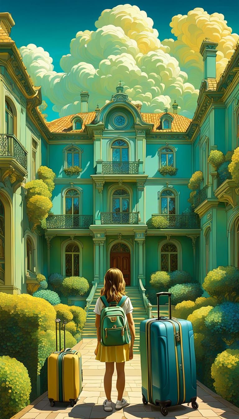 Girl with Luggage Outside Mansion in Expressionist Style