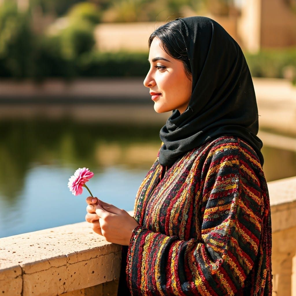Young Arabian Woman in Traditional Abaya, Gazing at a Tranqu...