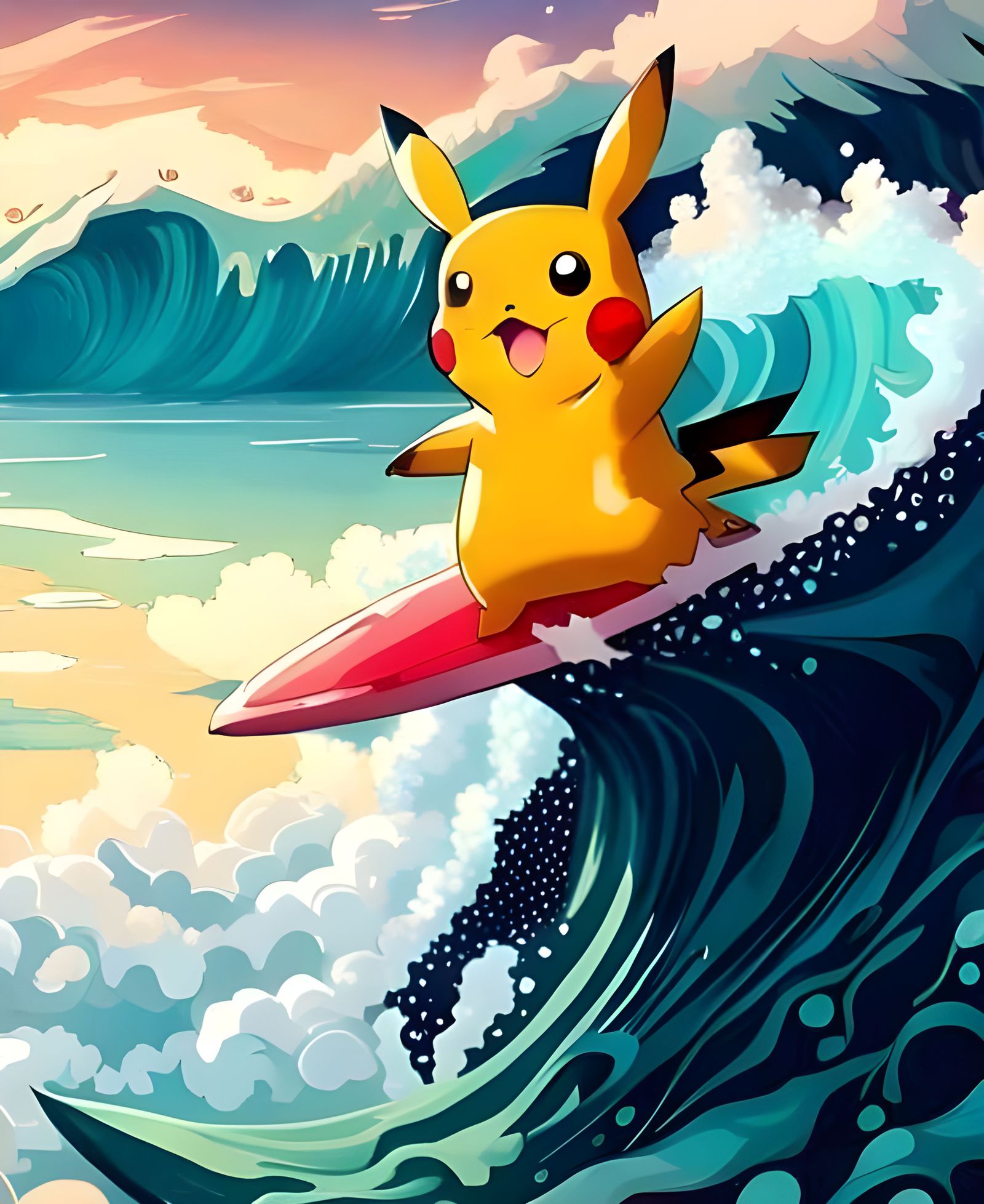 Pikachu Surfing in Art Nouveau Style