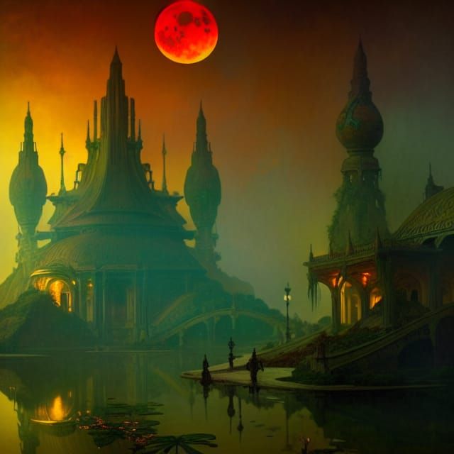 Glowing Ancient City at Sunset: Fantasy Concept Art