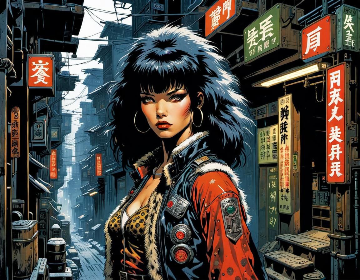 Cavewoman in Cyberpunk Alley: Pulp Art Style