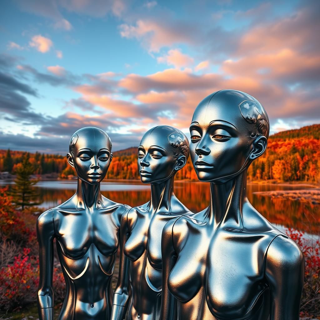 Eerie Autumn Lake with Silver Mannequins
