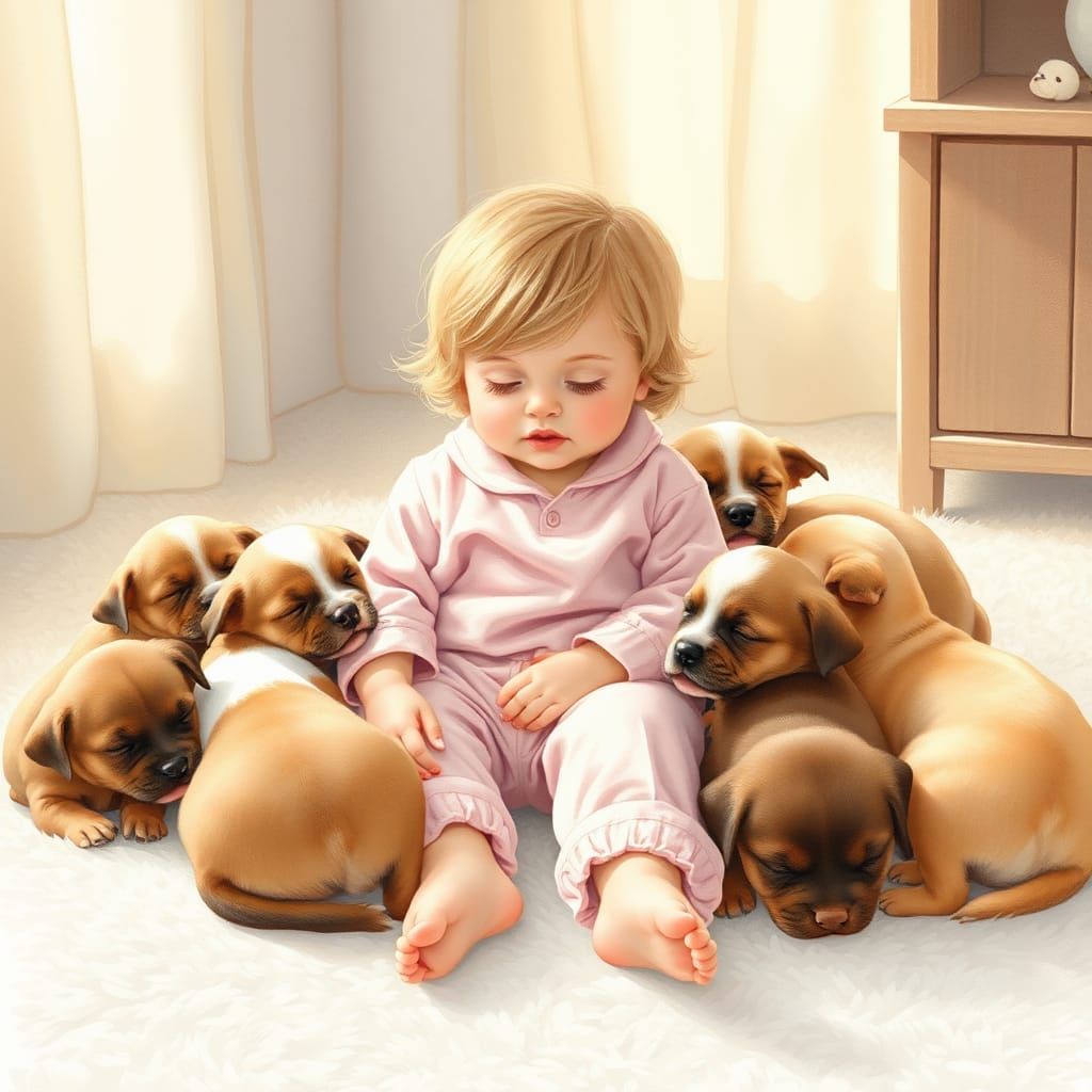 Toddler and Puppies: A Dreamlike Watercolor Scene
