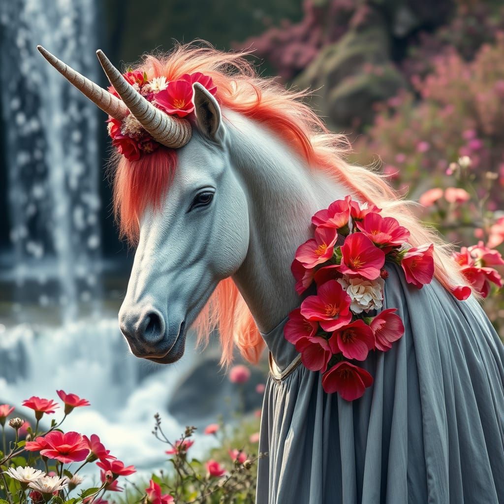 Majestic Unicorn in Vibrant Meadow, Girl with Red Hair and F...