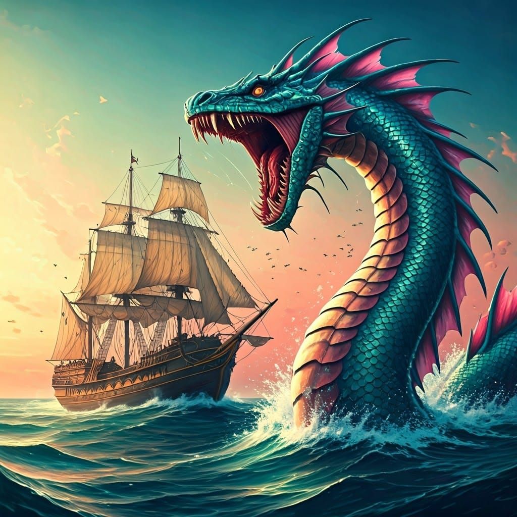 Sea Serpent Attack on Pirate Ship in Surreal Style