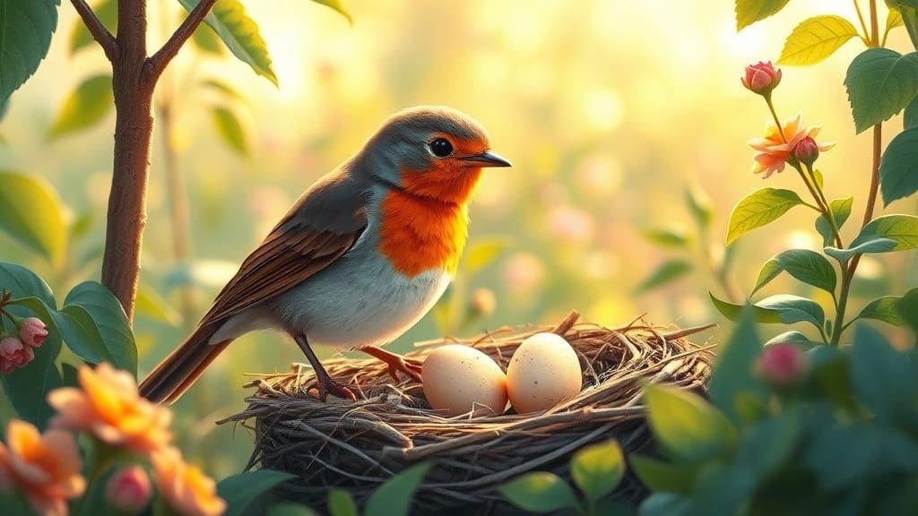 Robin Guarding Nest in Whimsical Storybook Garden
