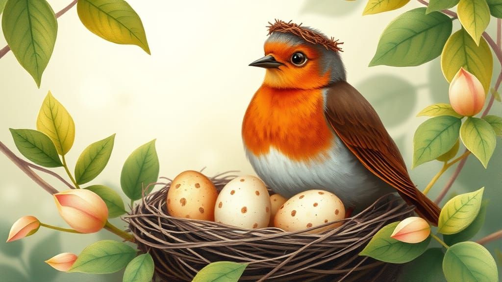 Robin Watches Over Nest in Storybook Illustration