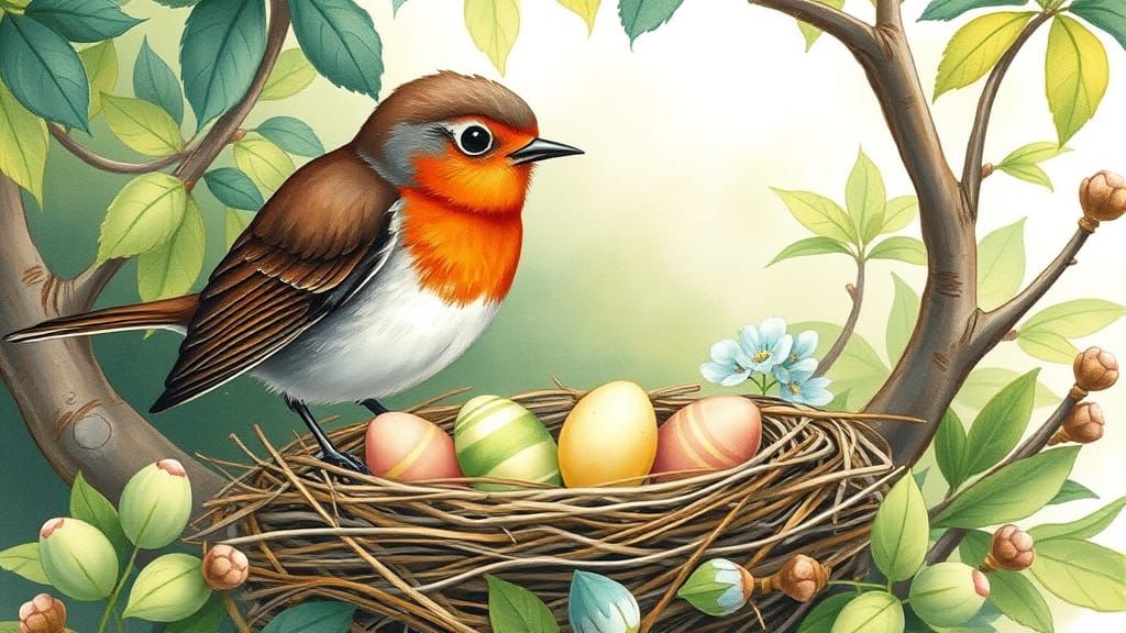 Robin Protecting Nest in Whimsical Storybook Illustration