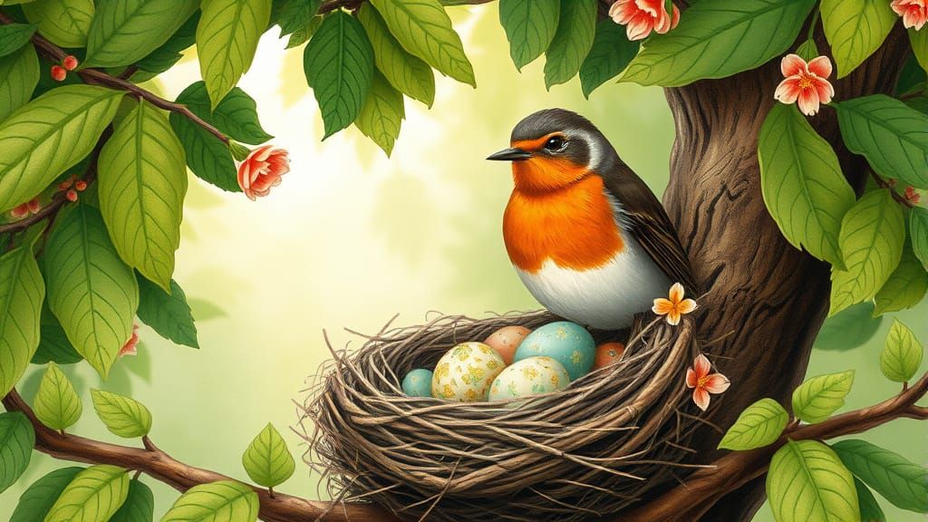 Robin Protecting Nest in Whimsical Storybook Illustration