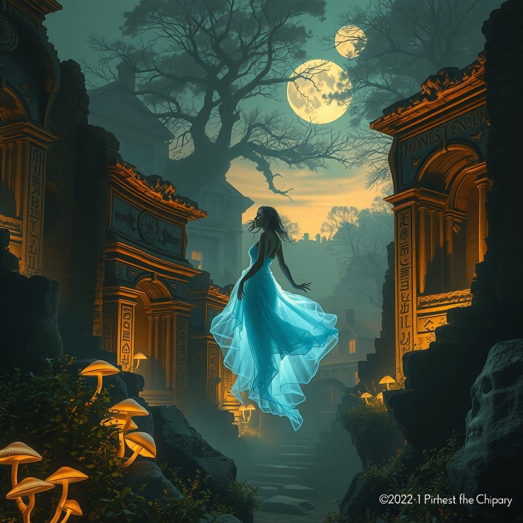 Ethereal Woman in Ruins, Mystical Ambiance