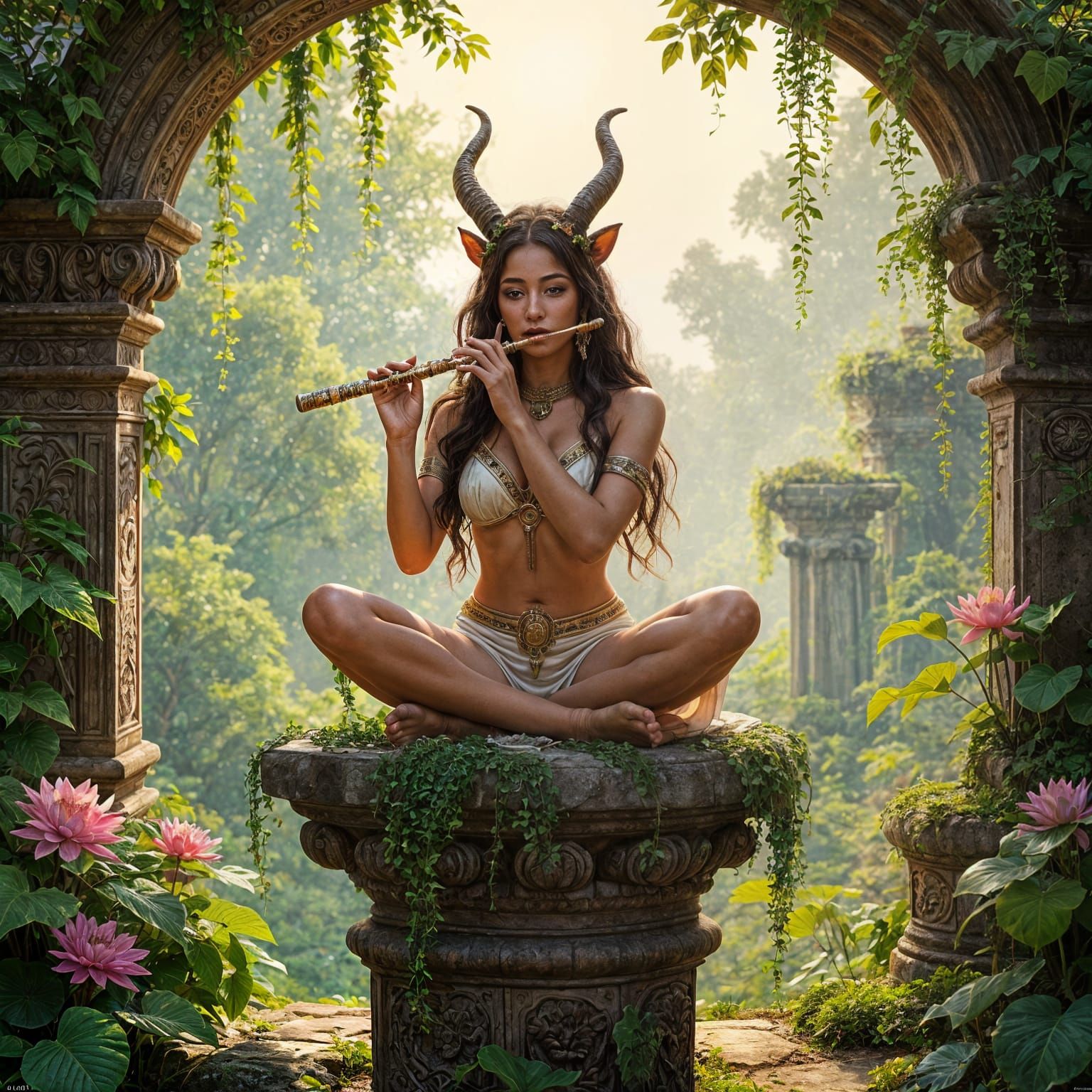 Beautiful Faun Woman Plays Flute in Arcadian Landscape