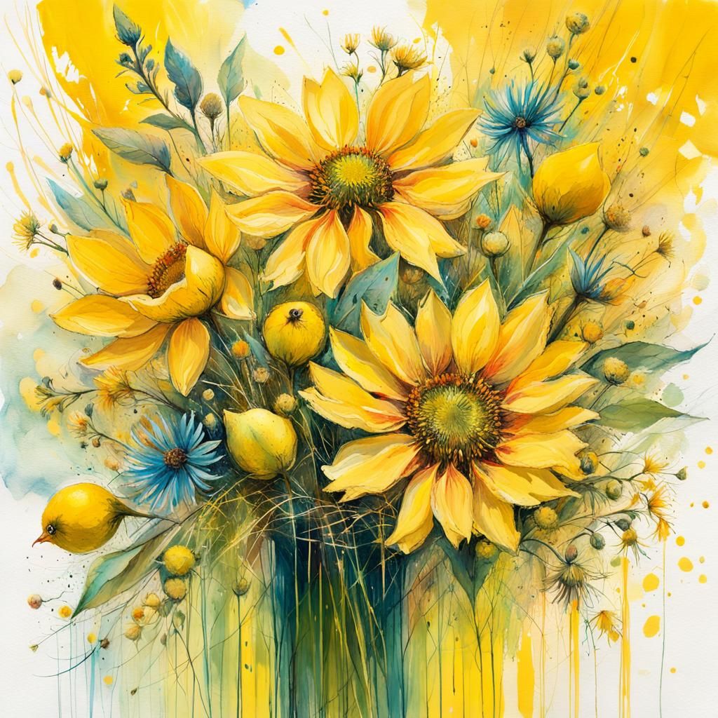 Yellow Summer Bouquet in Art Brut Style