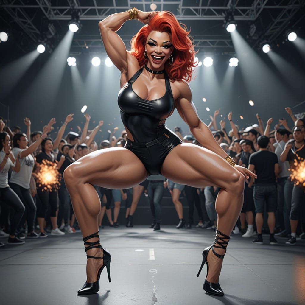 Cyberpunk Drag Queen Bodybuilder Dancing Stage