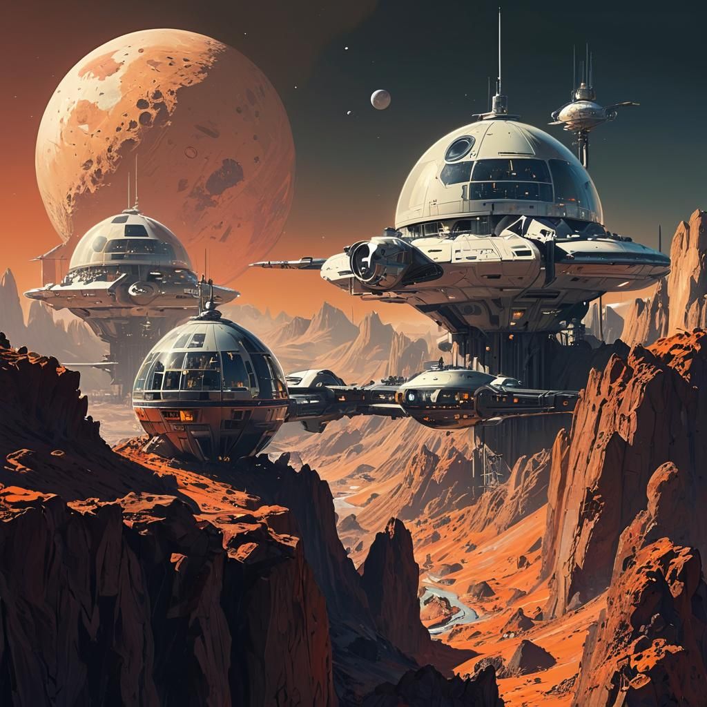 Retrofuturistic Space Station Cityscape in Sci-Fi Matte Pain...