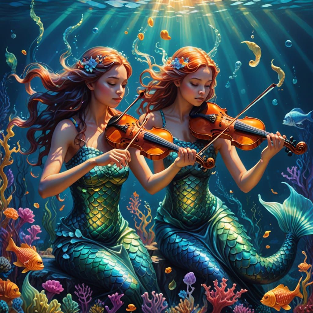 Underwater Mermaids Play Violins: Fantasy Oil Painting