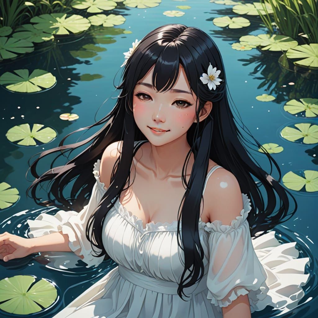Anime Style: Woman Floating in Lily Pond