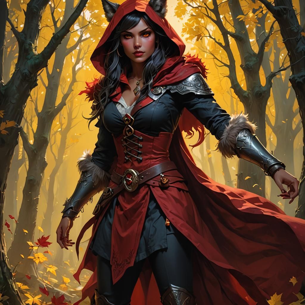 Werewolf Red Riding Hood Portrait in Cyberpunk Style