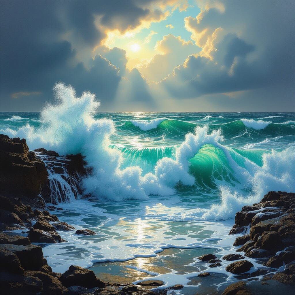 Dramatic Seascape Oil Painting: Crashing Waves and Stormy Sk...