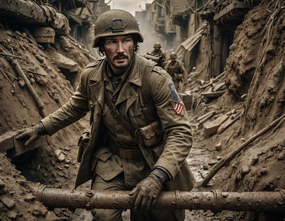 WWI Soldier with Keanu Reeves Face, Detailed Painting