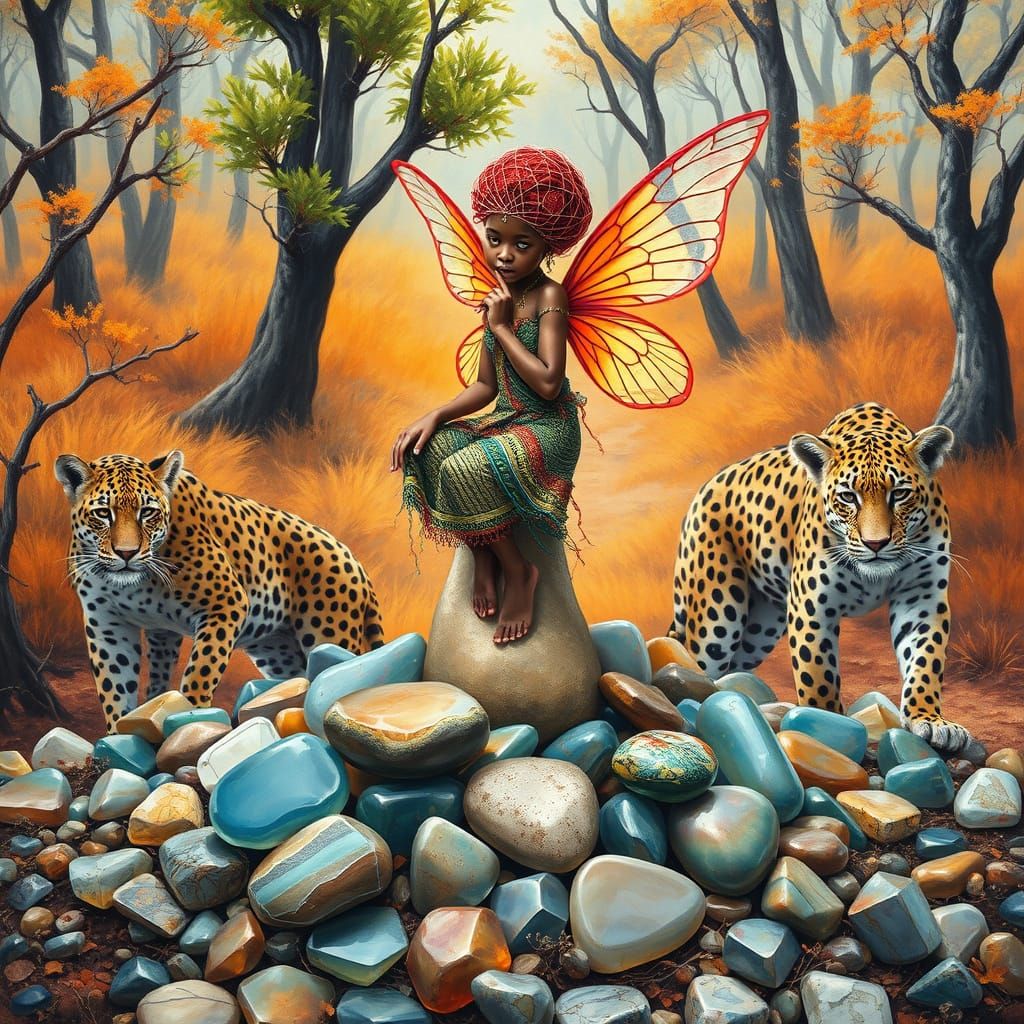 African Fairy in Autumnal Forest, Gouache Painting