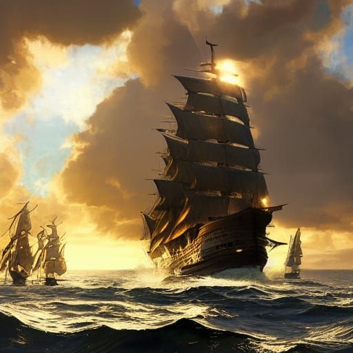 Majestic Ship at Golden Hour: Detailed Black and White Art