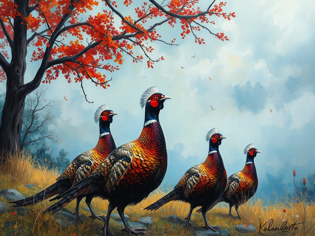 Pheasants Conveying Loneliness in Impressionistic Style