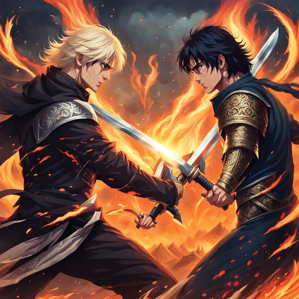 Intense Swordsmen Stare Down in Burning World