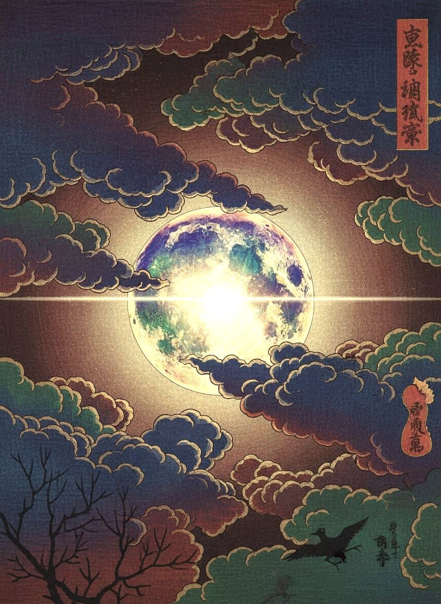 Ukiyo-e Corn Full Moon Over Eerie Landscape