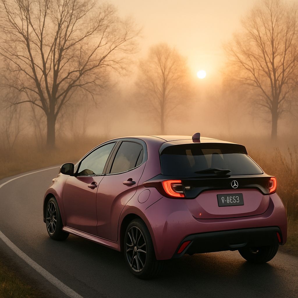 Metallic Pink Toyota Yaris on Misty Country Road at Sunrise