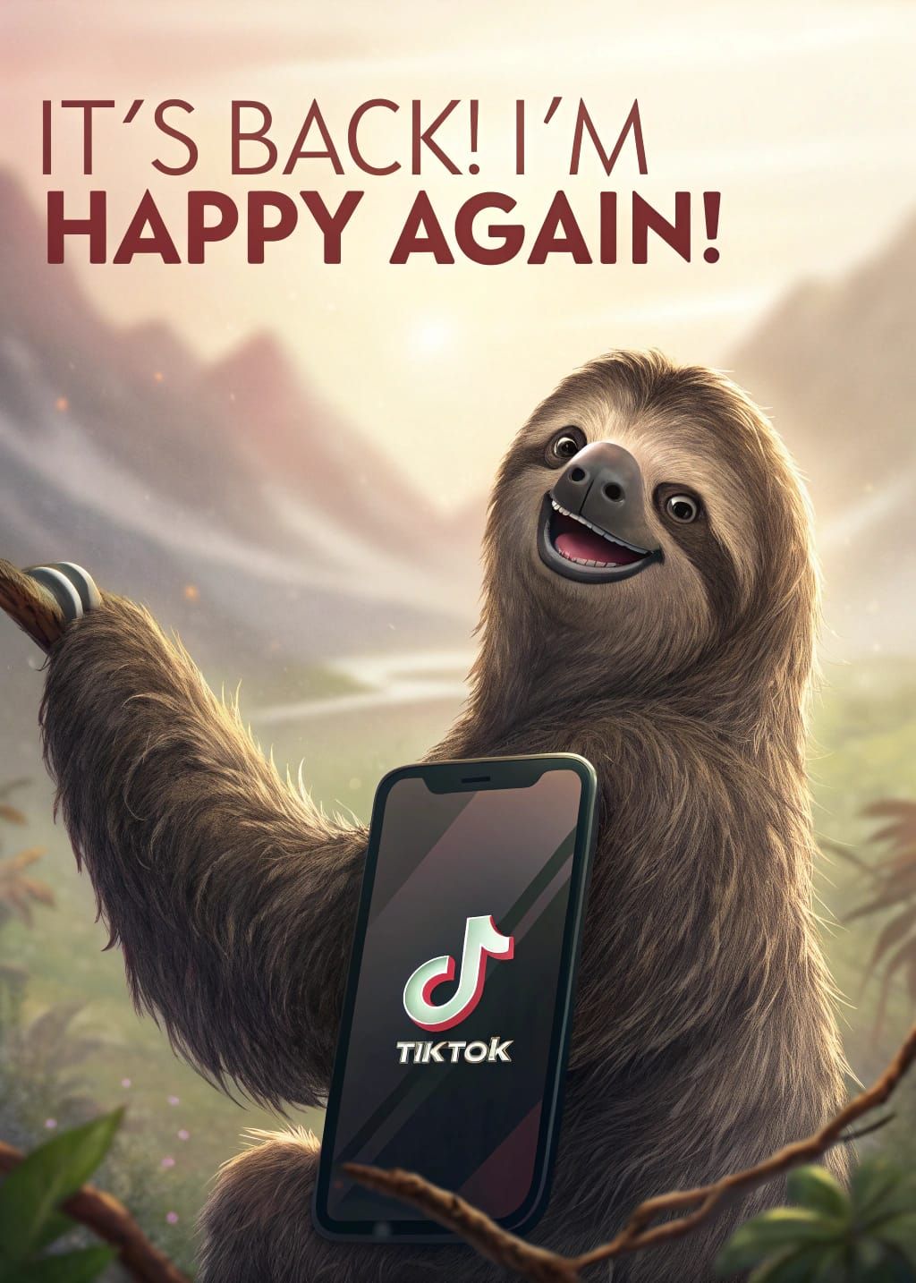 A furry, anthropomorphic sloth with a joyful expression, holding a sleek smartphone with the TikTok logo prominently dis...
