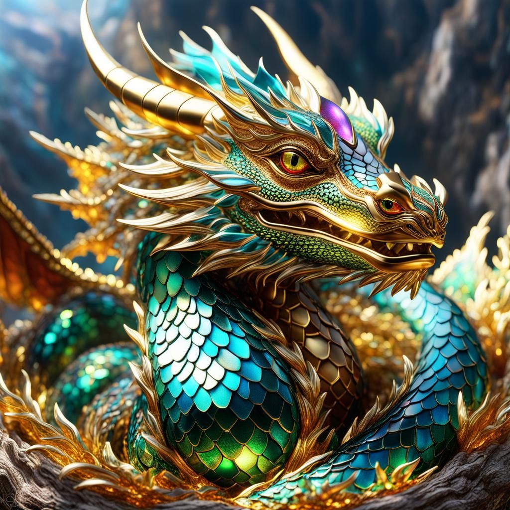 Iridescent Dragon in Glass Nest: Hyperrealistic Close-Up