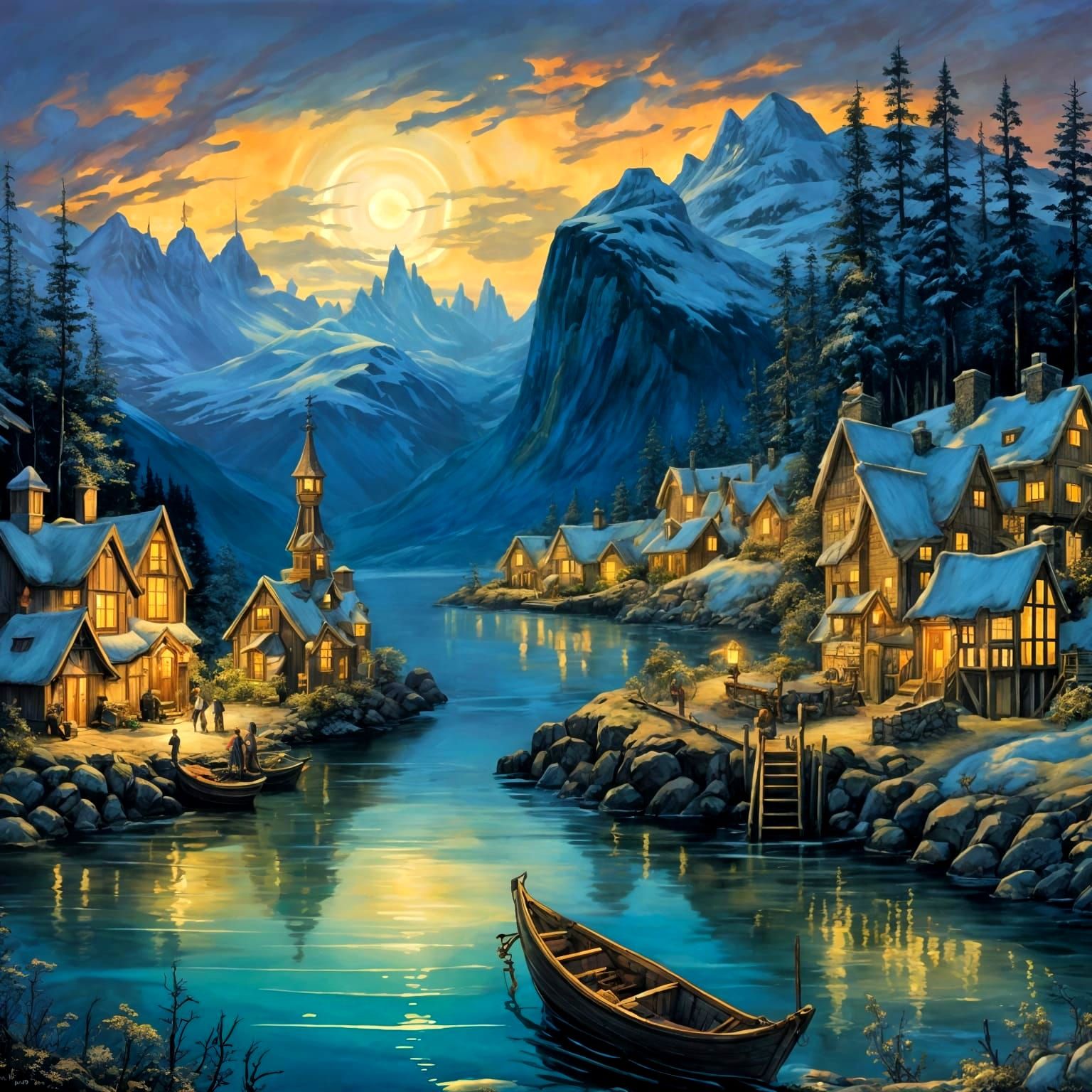 Fairy Village Under Northern Lights: Vintage Illustration