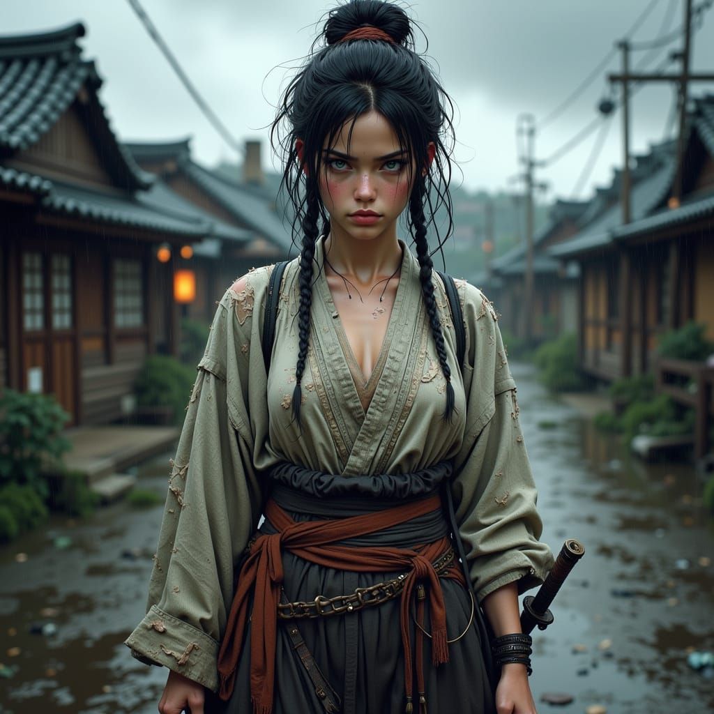 Stormy Samurai Woman with Katana in Feudal Town