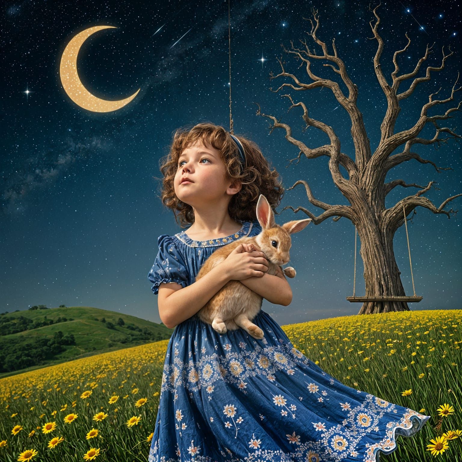 Girl and Bunny Watch Starry Night, Klimt Style