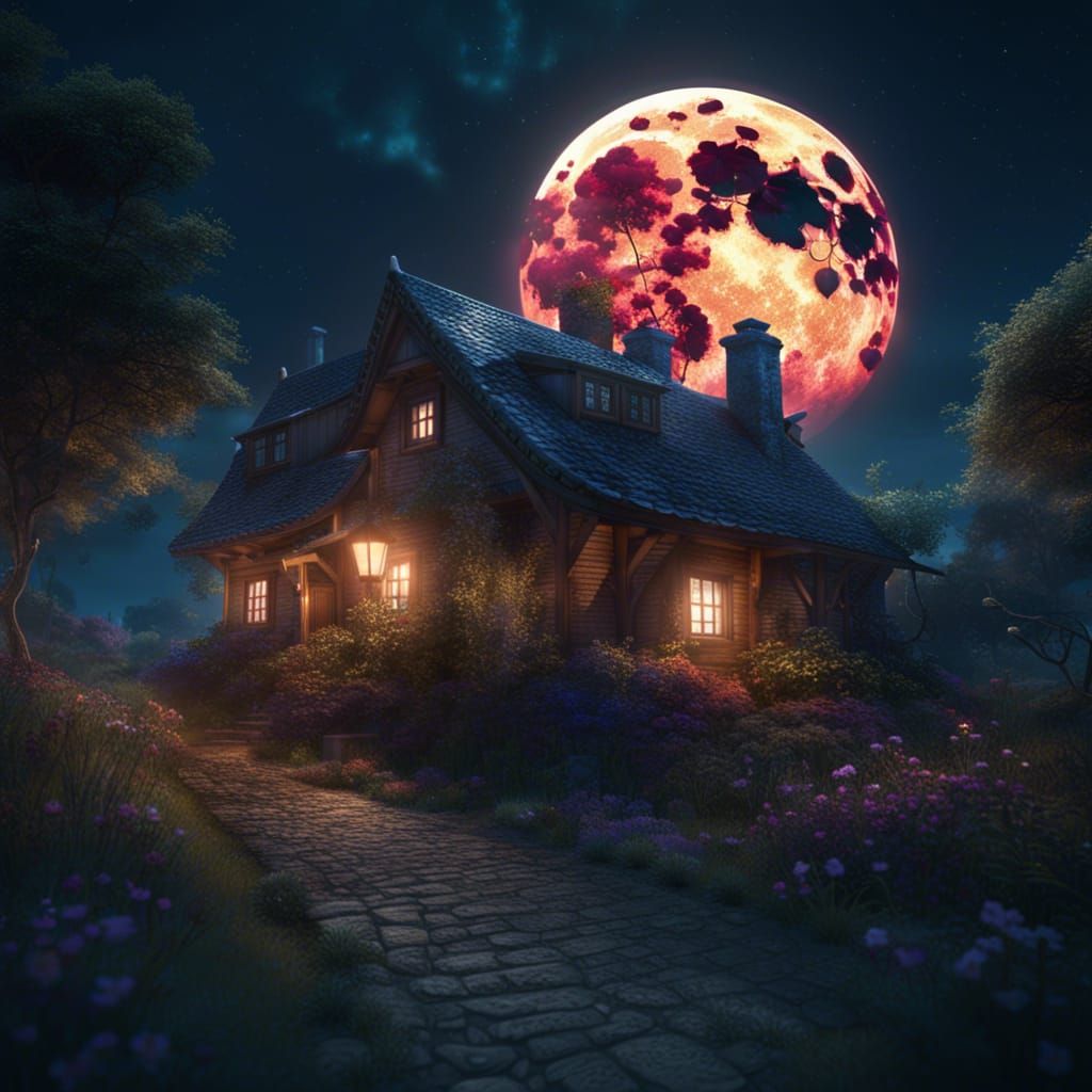 Magical Cottage Under Lovers Moon: Fantasy Concept Art